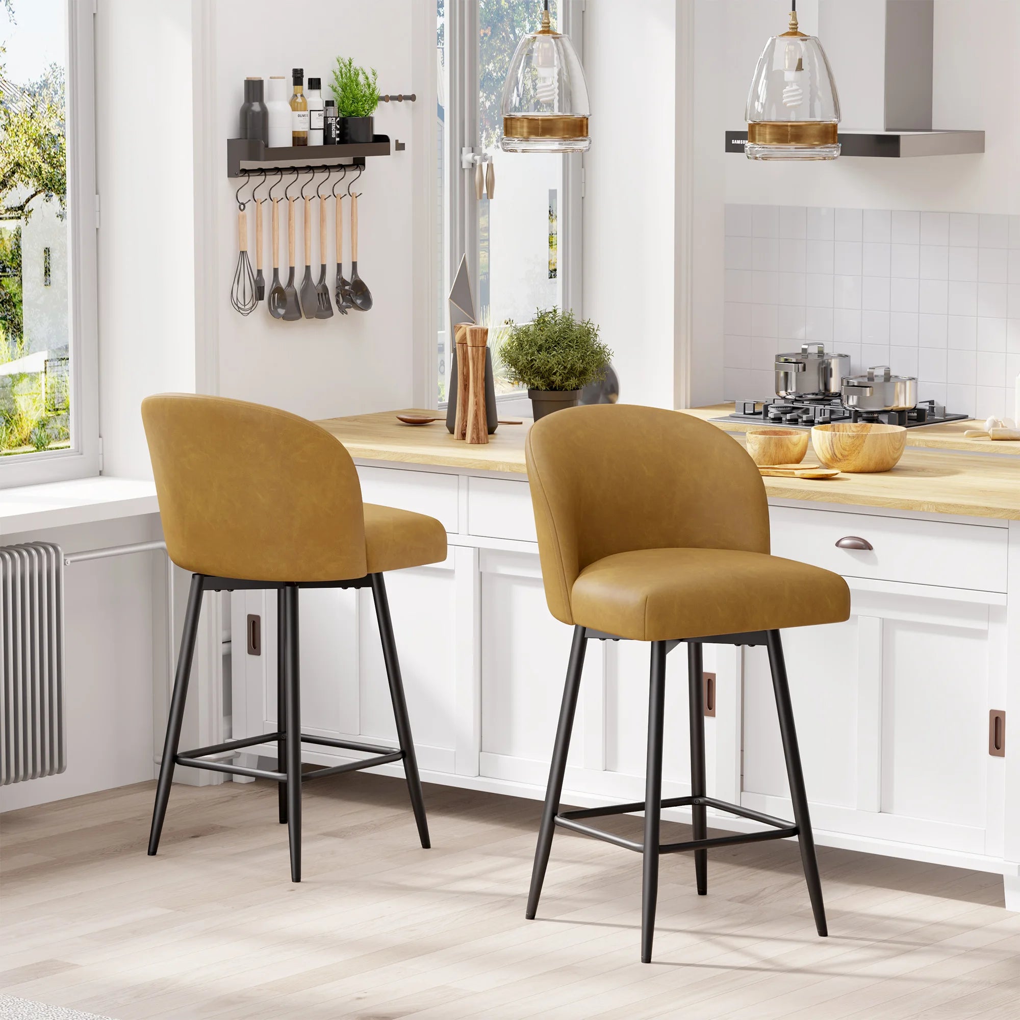 Counter Height Bar Stools Set of 2,360° Swivel Barstools with High Back and Metal Legs,26" Seat Height, Upholstered PU Leather
