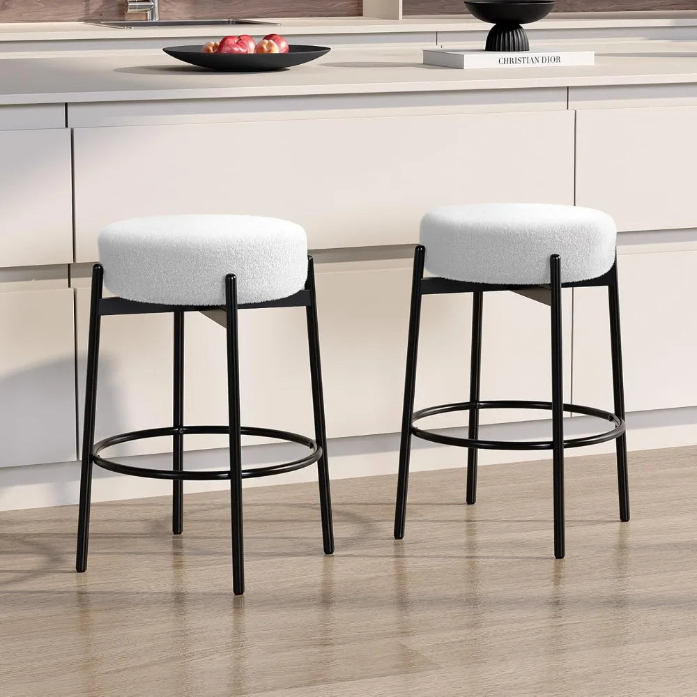 Swivel Round Barstools 24" H Set of 2, Teddy Wool Upholstered Barstool, Backless Kitchen Island Stool, Counter Height Stool