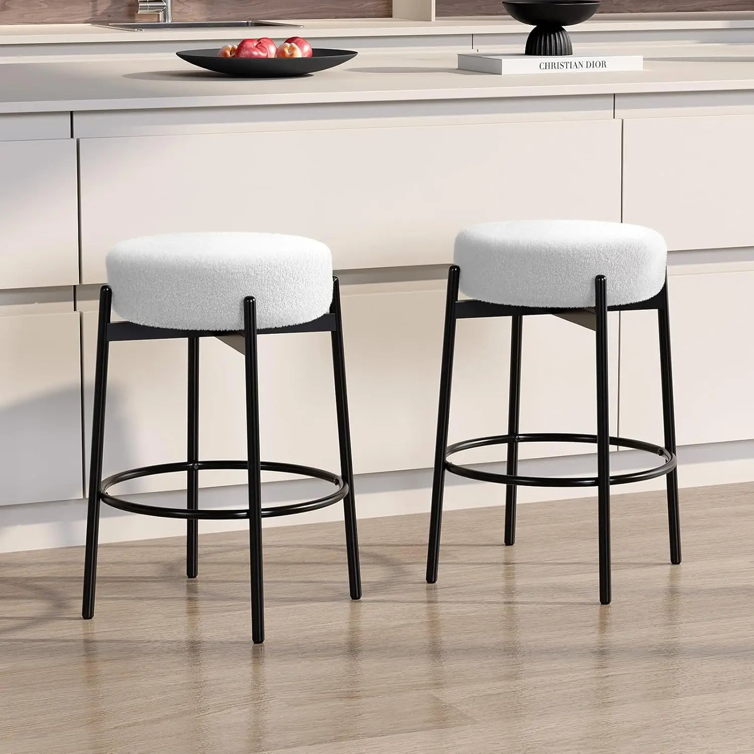 Swivel Round Barstools 24" H Set of 2, Teddy Wool Upholstered Barstool, Backless Kitchen Island Stool, Counter Height Stool