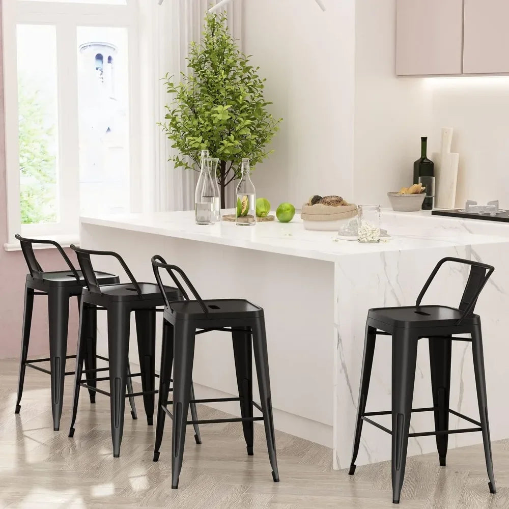 Bar Stools set of 4 Counter Height Stools Industrial Metal Barstools with Backrests (24 inch, Black)