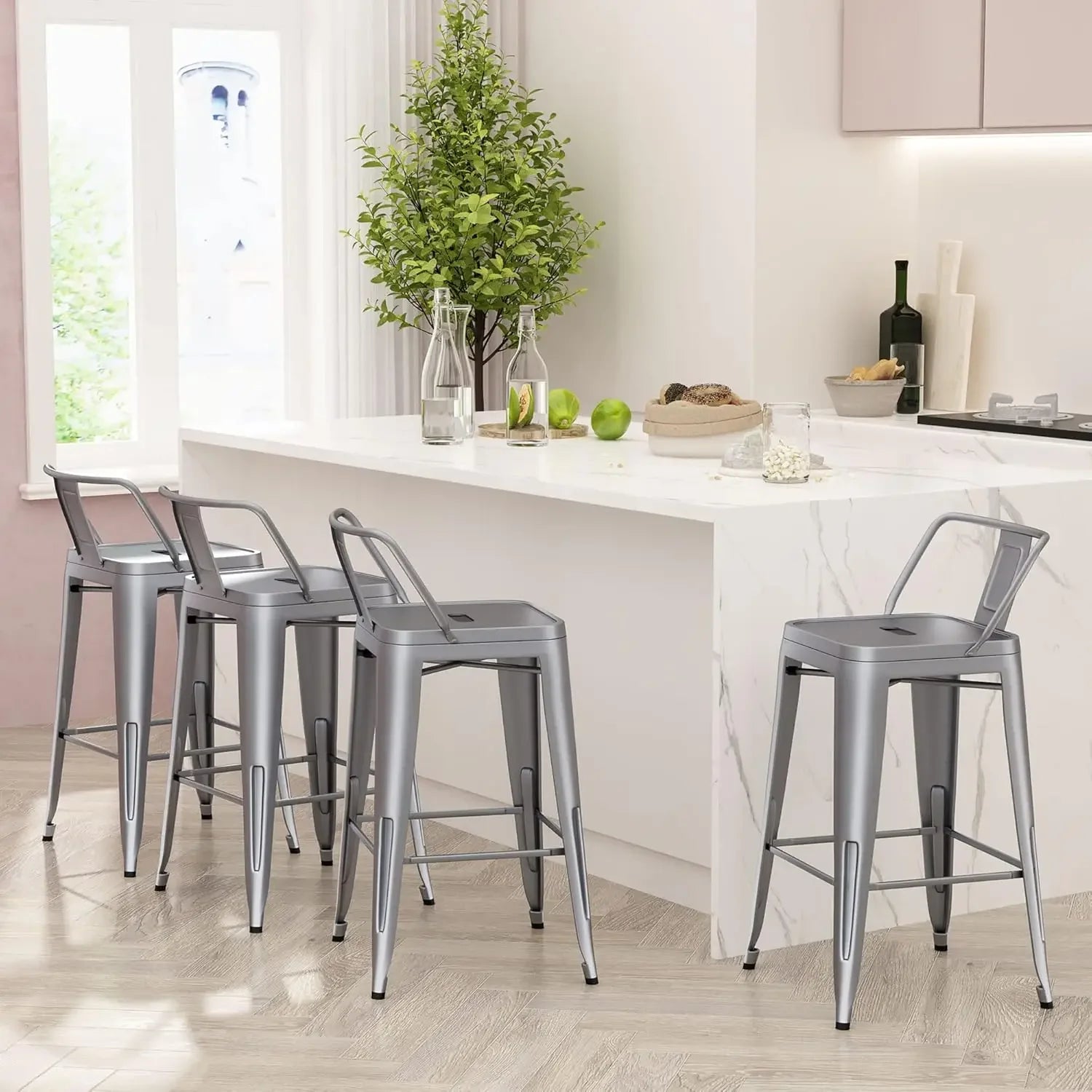 Bar Stools set of 4 Counter Height Stools Industrial Metal Barstools with Backrests (24 inch, Black)