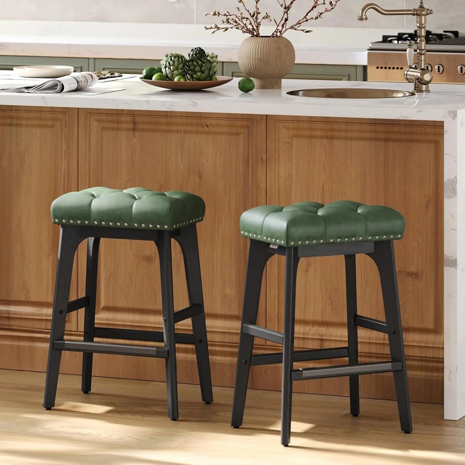 Bar Stools Set of 2, Saddle Counter Height Bar Stools, 26-Inch Backless Kitchen Stools with Wood Legs, Leather Thicke