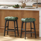 Bar Stools Set of 2, Saddle Counter Height Bar Stools, 26-Inch Backless Kitchen Stools with Wood Legs, Leather Thicke