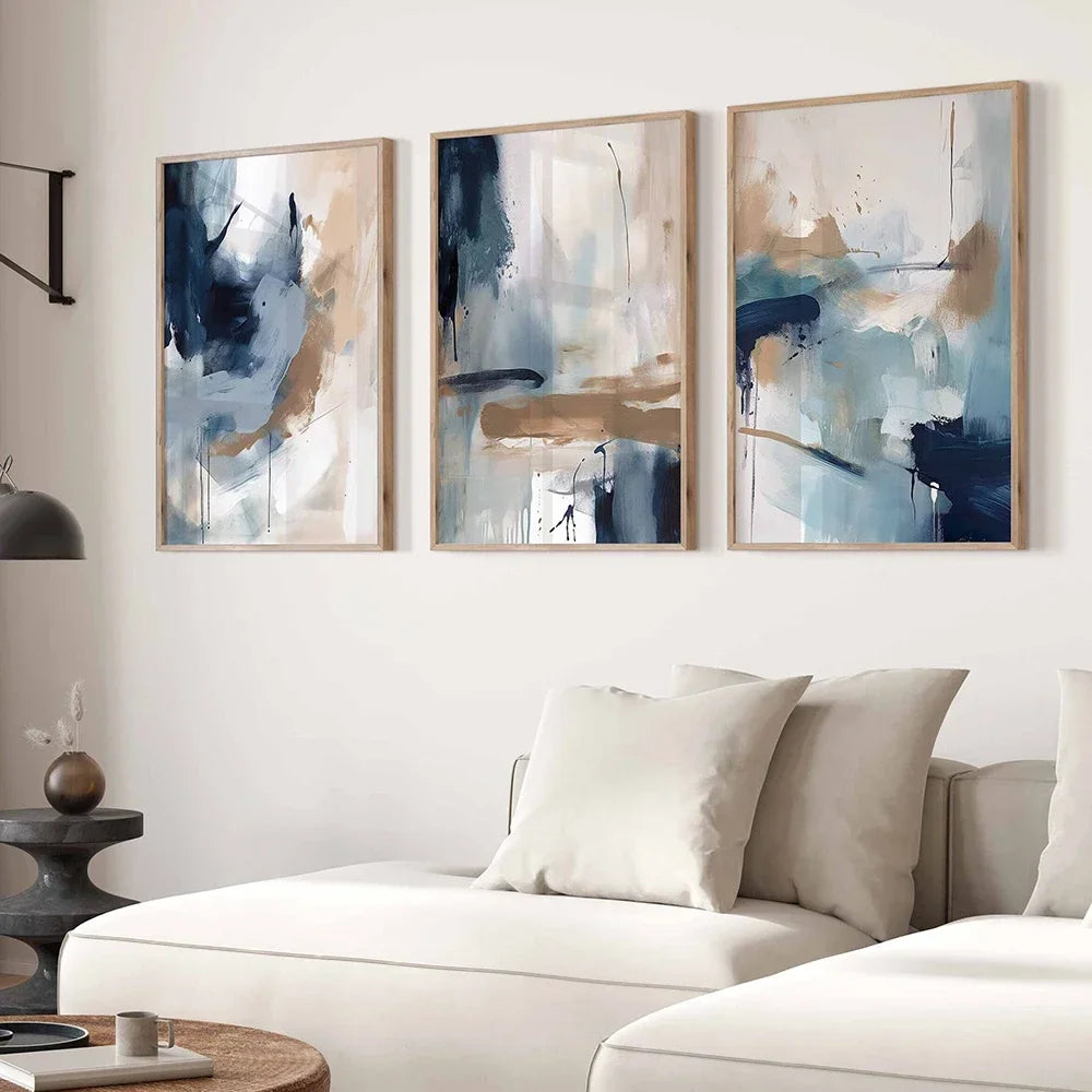 Navy Blue Watercolor Brush Abstract Poster Nordic Minimalist Art Print Boho Canvas Painting for Living Room Wall Decor