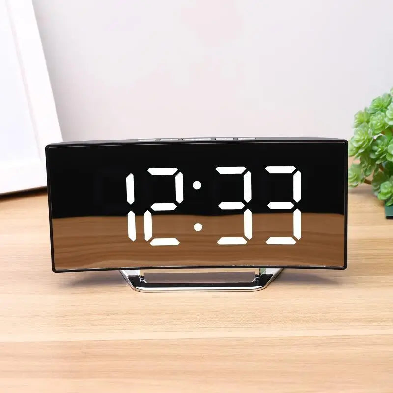 Smart Curved LED Mirror Clock Auto Dimming Night Mode Temperature Humidity Display Touch Control USB Charger for Bedroom Decor