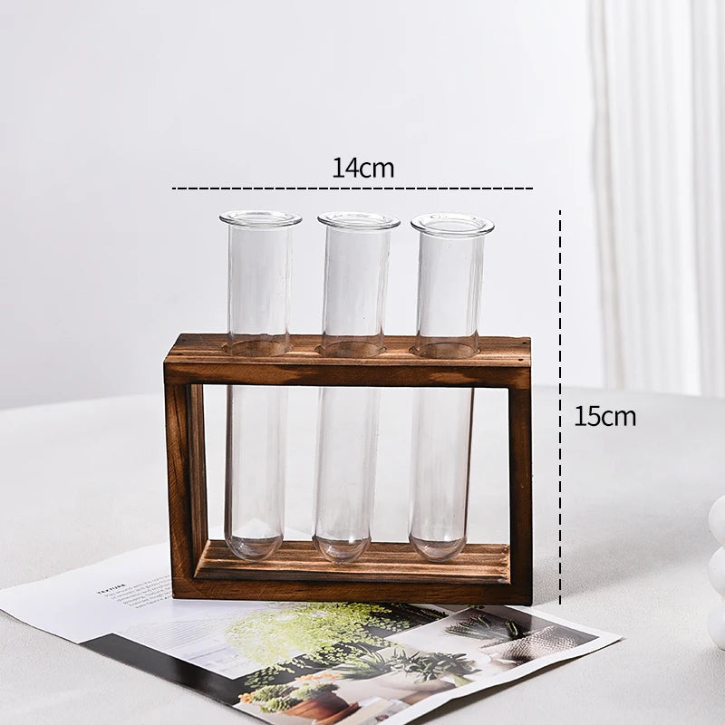 1 Set Creative Hydroponic Plants Container with Wood Frame Transparent Test Tube Vase Bonsai Home Desktop Decor Crafts
