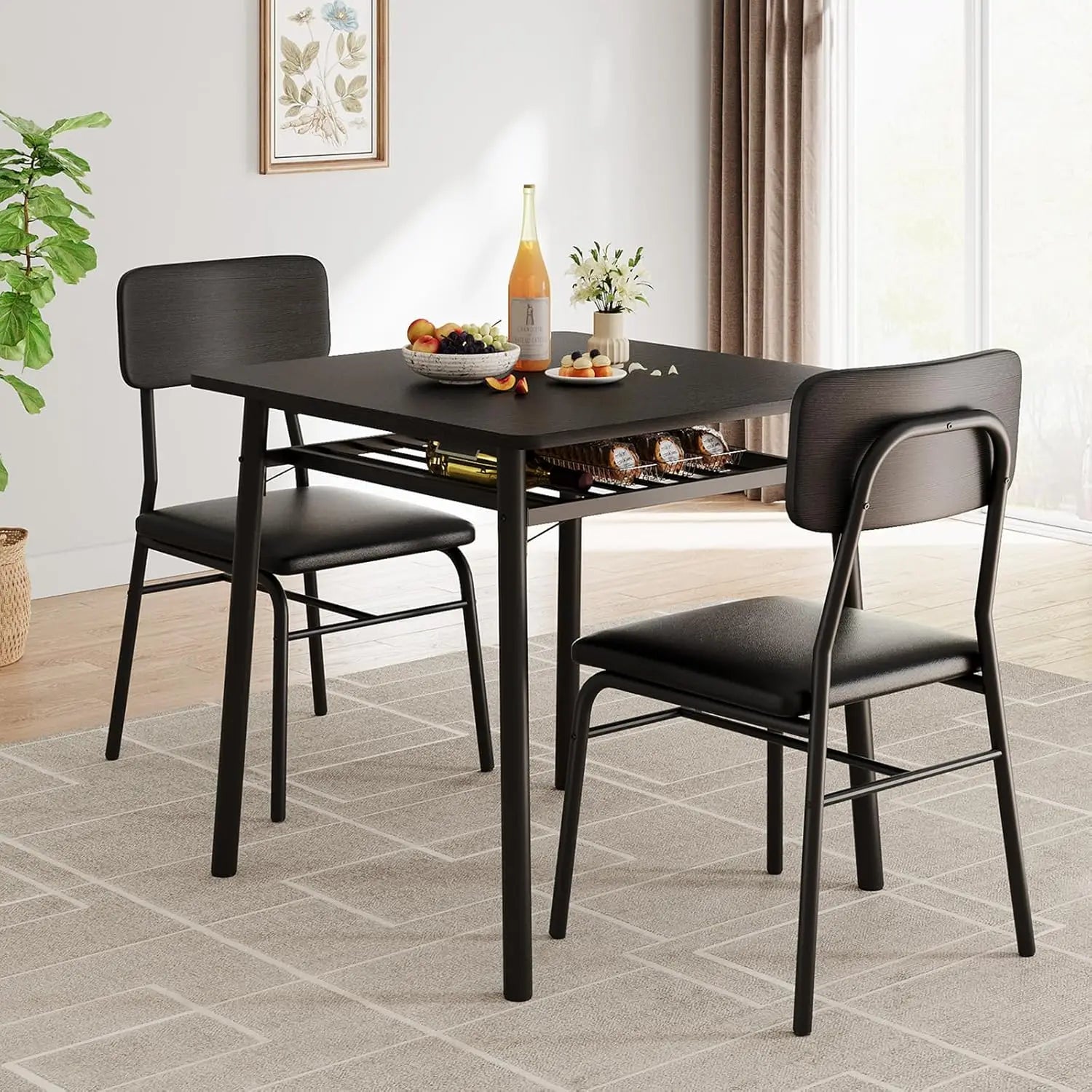 Dining Table Set for 4 with Storage Rack, 5-Piece Kitchen Table and Upholstered Chairs of 4, Wood Tabletop & Heavy-Du