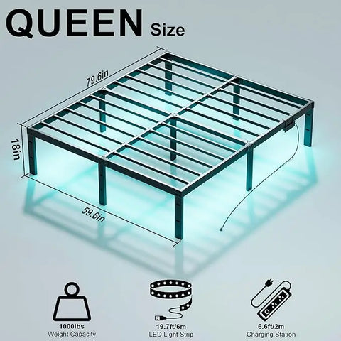 10 Inch Floating Queen Bed Frame with Smart LED Lights and Charging Station, Modern Metal Queen Bed Frame, Easy to Assemble