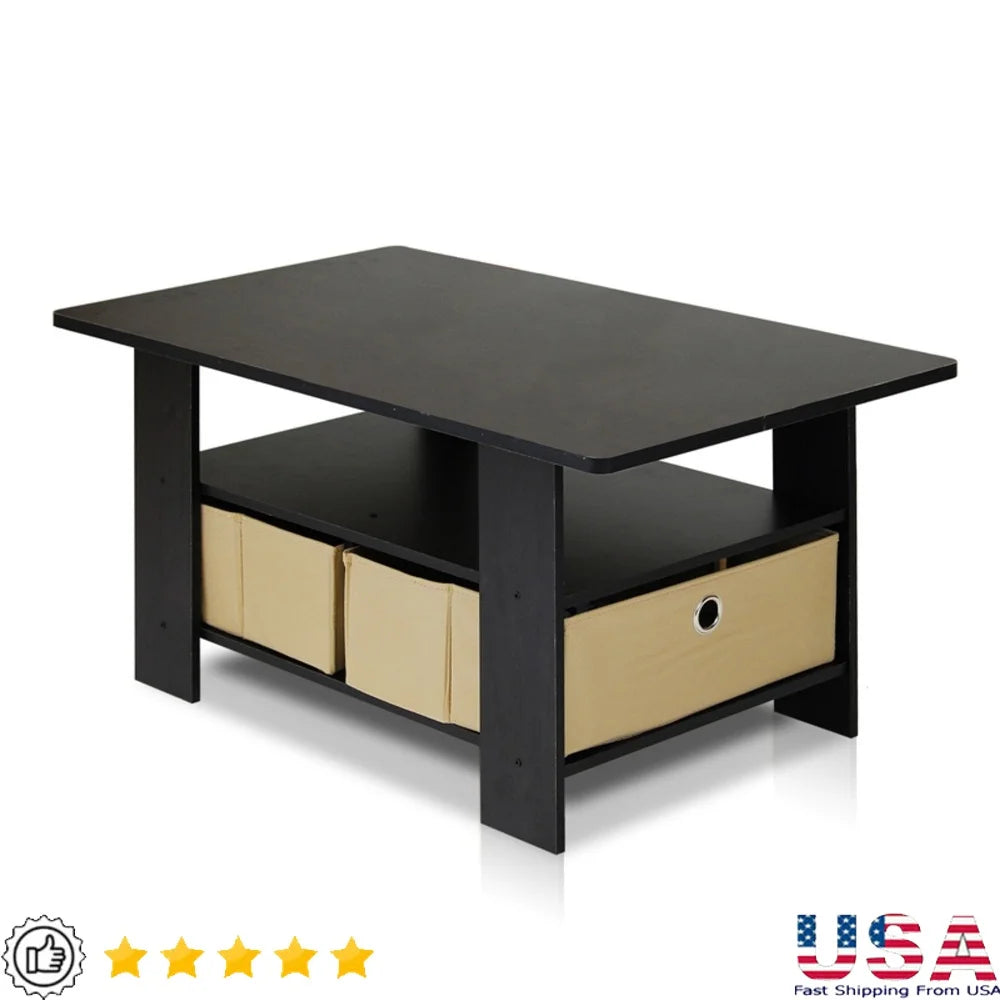 Coffee Table with Storage Bins and Shelf MDF Engineered Wood Indoor Use Minimalist Design Versatile Accent Piece Easy Care