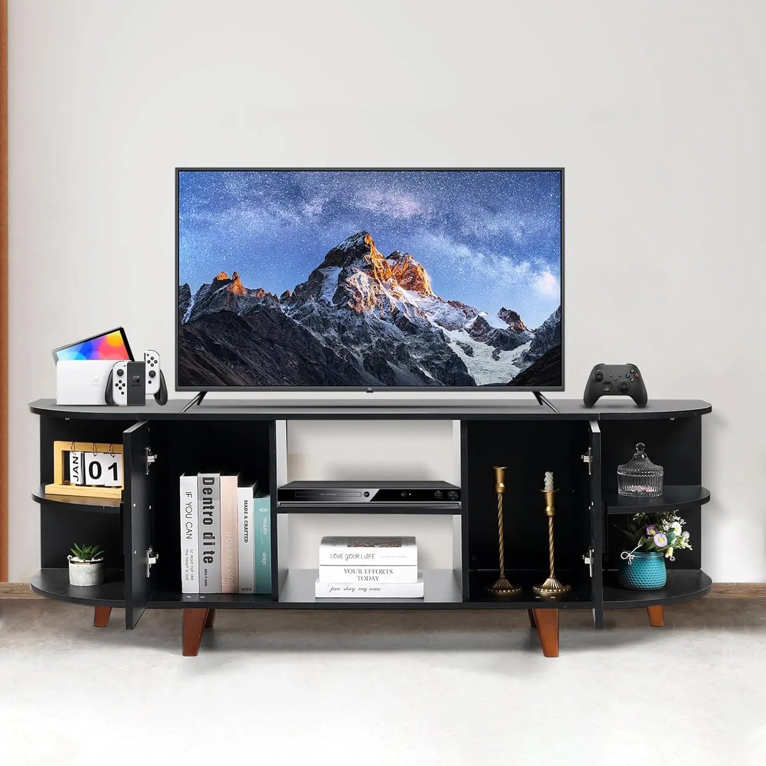 Farmhouse TV Stand for 65 70 inch TV Black 63’’ Modern Mid Century Media Console with Storage