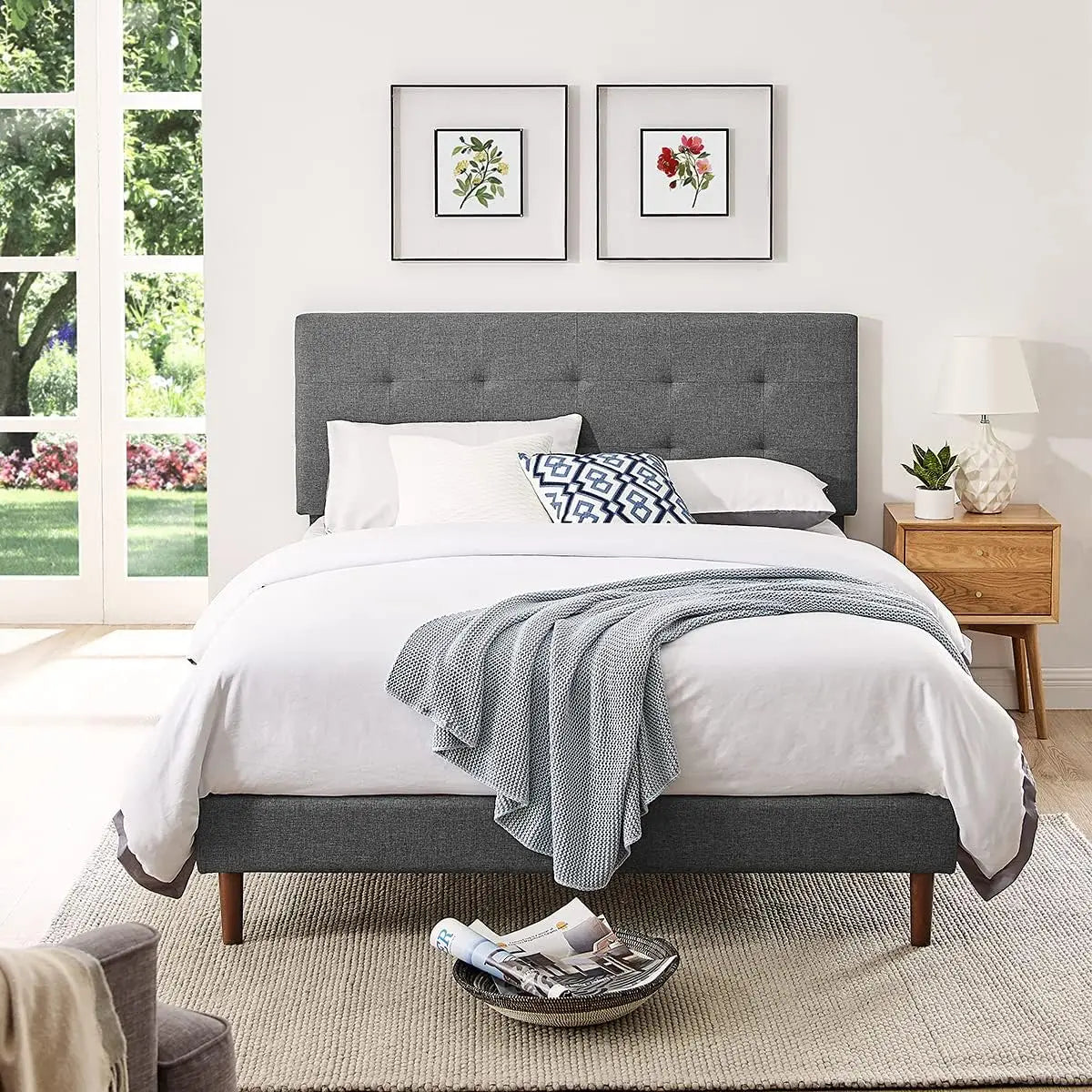 Queen Bed Frame with Adjustable Height Headboard,Tufted Upholstered Platform Bed with Stong Wood Slat Support,Grey