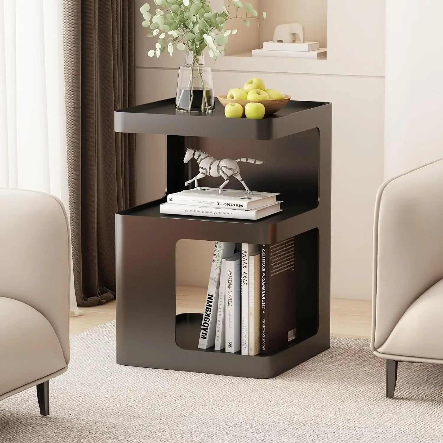 Black Modern Side Table, 3-Tier Metal NightStand with Storage, End Table Living Room, Small Night Stand for Bedroom