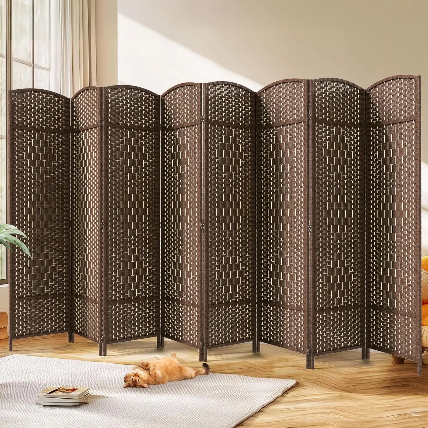 6ft High Extra Wide Folding Privacy Screen with Diamond Double Weave and Freestanding Room Divider (Brown, 8 Pieces)