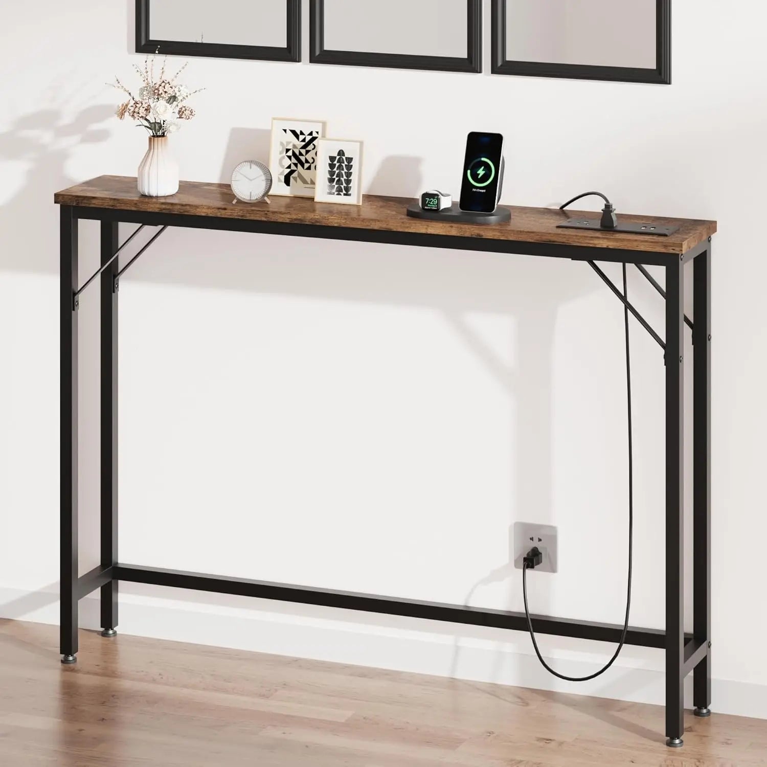 5.9" Narrow Console Table with Outlets, Skinny Behind Couch Table for Living Room, Slim Sofa Table with Metal & MDF