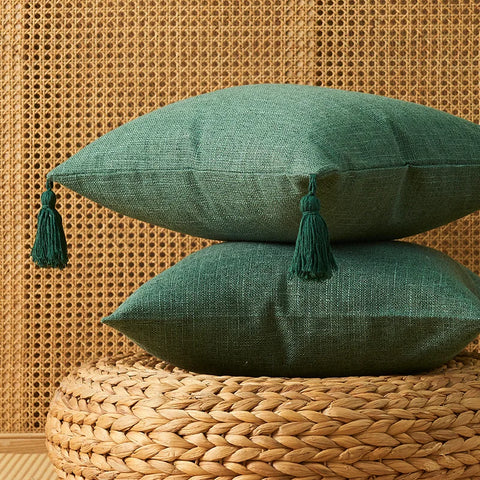 45x45cm Rustic Linen Cushion Cover with Tassels Netural Lumbar Pillowcase Soft Decorative Cushion Case for Couch Sofa Bed Cream