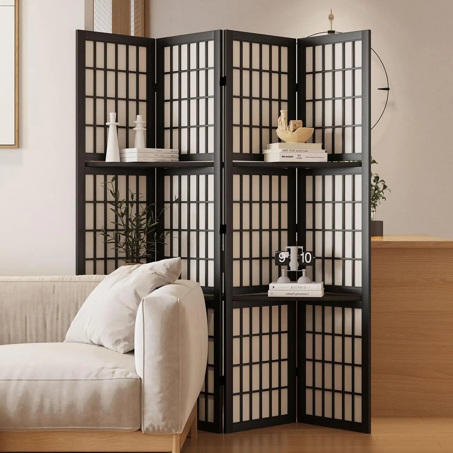 Room Divider with Shelves, 66.9-Inch Tall Japanese Shoji Style Wood Screen with Double Hinges for Home Office Bedroom Hotel