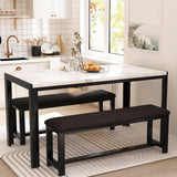 Dining Room Set with 2 Benches, Dining for 4-6, Dinner  for 4, Faux Marble Breakfast & PU Lea