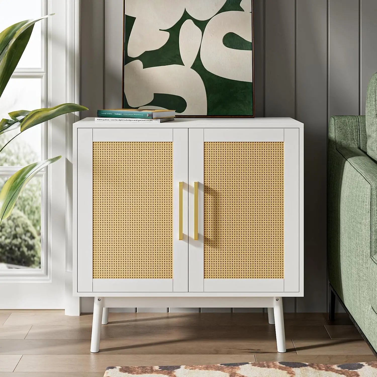 Sideboard Buffet Cabinet with Storage, Set of 2, Kitchen Buffet Storage, Black Rattan Cabinet with Doors for Hallway