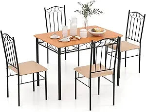 Dining Table Set for 4, 48.5" Rectangle Tempered Glass Kitchen Room Table with 4 Black Faux Leather Dining Chairs, Space-Saving