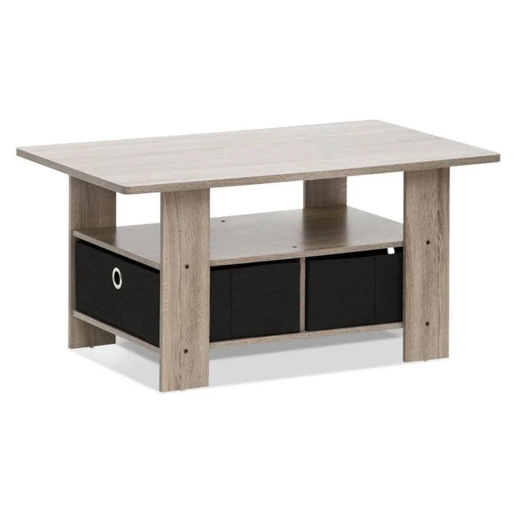 Coffee Table with Storage Bins and Shelf MDF Engineered Wood Indoor Use Minimalist Design Versatile Accent Piece Easy Care