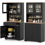 67” Tall Kitchen Hutch Cabinet, Pantry Cabinet with 2 Removable Shelves, 2 Drawers, 2 Glass Doors & 1 Cupboard, Farmhouse Stora