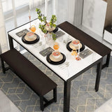 Dining Room Set with 2 Benches, Dining for 4-6, Dinner  for 4, Faux Marble Breakfast & PU Lea