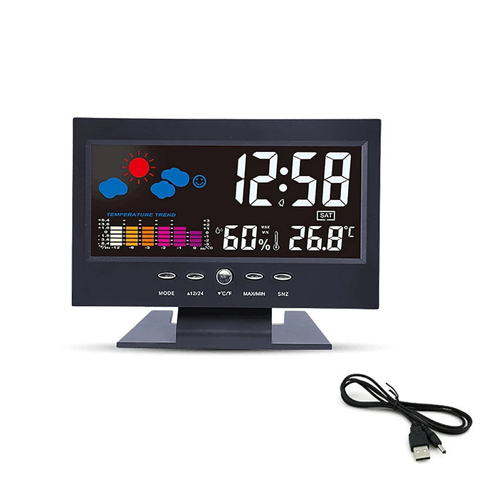 Voice Control Backlight Digital Weather Clock Date Week Temperature Humidity Weather Forecast 12/24H Electronic Clock