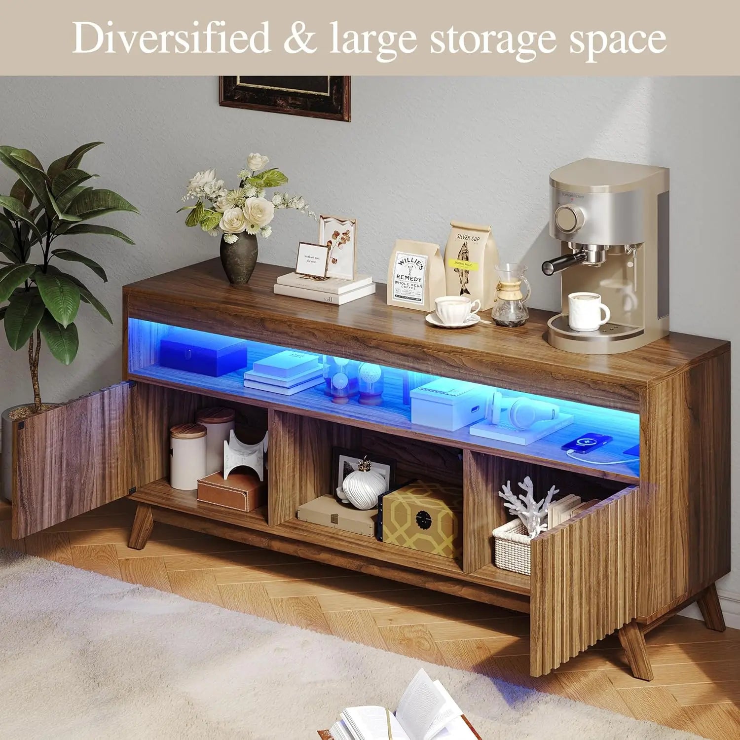 Television Stand with Power Outlets for Living Room, Fluted TV Stand LED Light for 65/55 Inch TV, Modern Entertainment Center TV