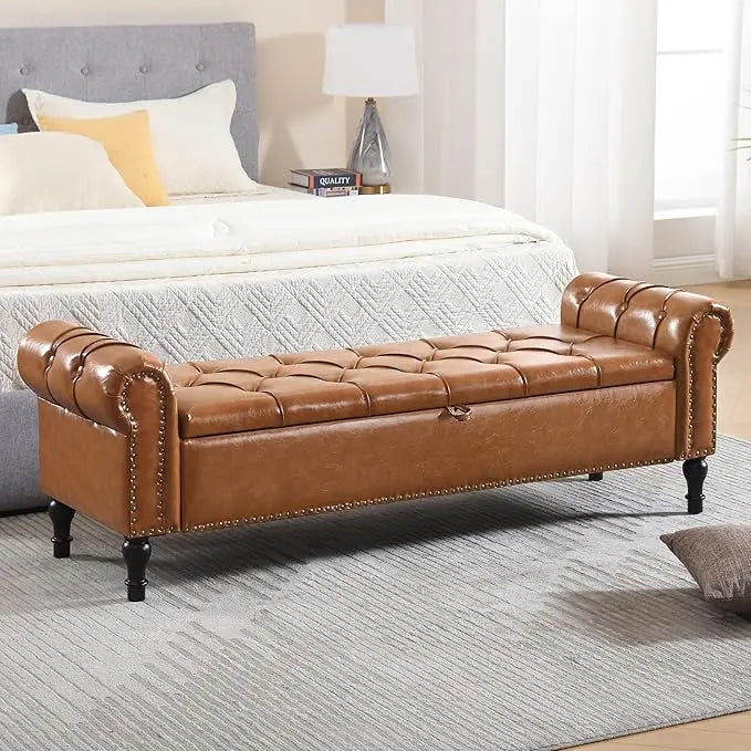 Faux Leather Storage Bench for Bed Room 67 Inch Upholstered Tufted Ottoman Bench with Arms King Size Large Storage Space End of