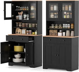 67” Tall Kitchen Hutch Cabinet, Pantry Cabinet with 2 Removable Shelves, 2 Drawers, 2 Glass Doors & 1 Cupboard, Farmhouse Stora