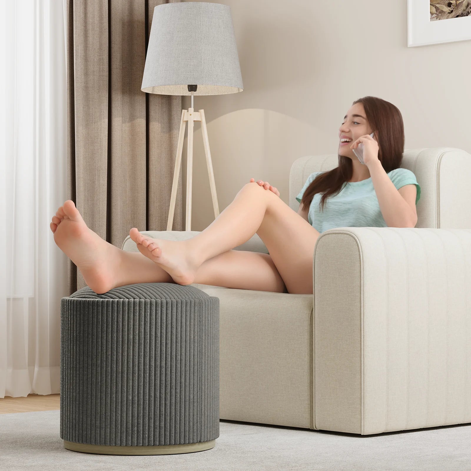 18.1" Round Storage Ottoman,Removable Lid-Makeup Vanity Stool,  Wood Base Upholstered Footrest for Living Room&Bedroom(Grey)