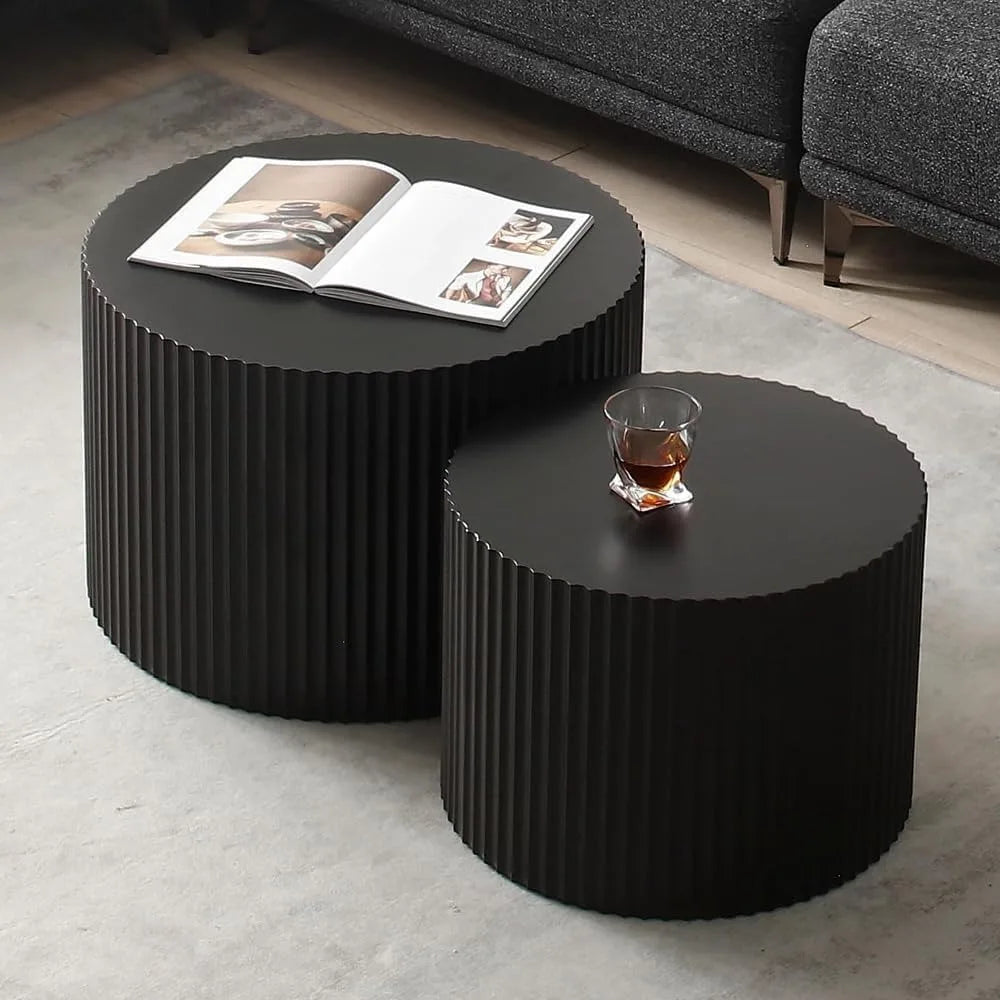 Round Nesting Coffee Table Set of 2 Modern Black Fluted Coffee Table Small Round End Table Side Circular Coffee