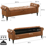 Faux Leather Storage Bench for Bed Room 67 Inch Upholstered Tufted Ottoman Bench with Arms King Size Large Storage Space End of