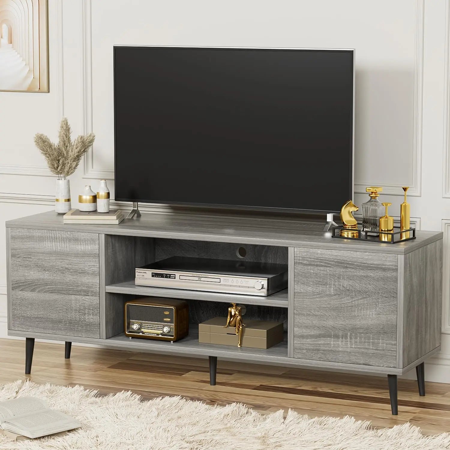 TV Stand for 65" TV, 58" Entertainment Center with 2 Storage Cabinets, Retro Media Console for Living Room/Bedroom – Light Gray