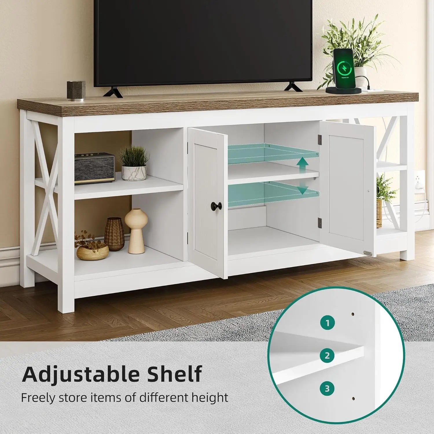 TV Stands for Living Room, Modern Entertainment Center Power Outlets for Television up to 65 Inch, Media Console TV Cabinet