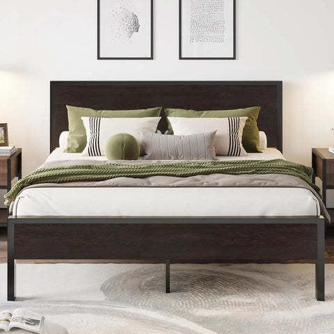 Queen Bed Frame with Headboard, Heavy Duty Platform Base with Under-Bed Storage, Solid Metal Construction, No Box Spr