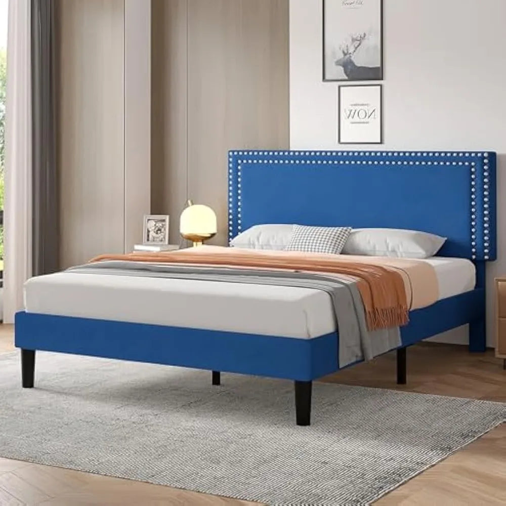 Full Size Platform Bed Frame with Height Adjustable Upholstered Headboard, Modern Mattress Foundation,Strong Wood Slat Support