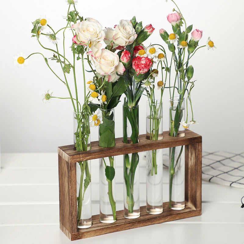1 Set Creative Hydroponic Plants Container with Wood Frame Transparent Test Tube Vase Bonsai Home Desktop Decor Crafts