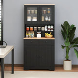 67” Tall Kitchen Hutch Cabinet, Pantry Cabinet with 2 Removable Shelves, 2 Drawers, 2 Glass Doors & 1 Cupboard, Farmhouse Stora