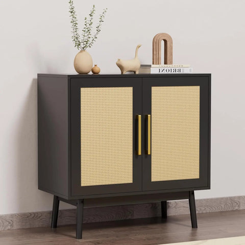 Sideboard Buffet Cabinet with Storage, Set of 2, Kitchen Buffet Storage, Black Rattan Cabinet with Doors for Hallway