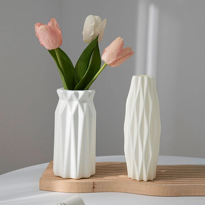 Modern Flower Vase Plastic Plants Pot White Imitation Ceramic Flower Vases Flower Arrangement Home Living Room Wedding Decor
