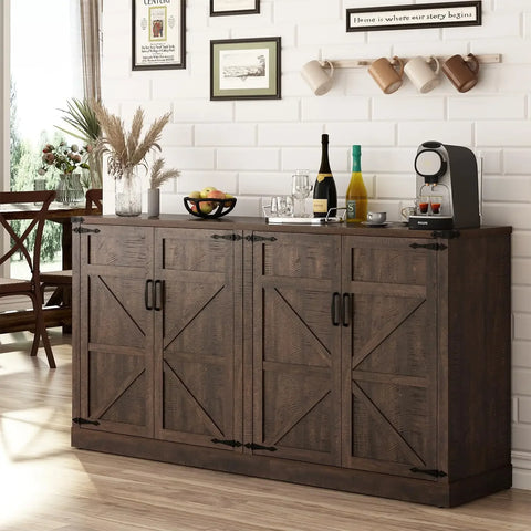 "Sideboard Buffet Cabinet with Storage – 65” Farmhouse Kitchen Pantry Cabinet – Wooden Design with Adjustable Shelves"