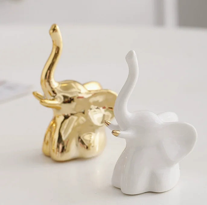 Home Decor Elephant Statues,1 Pair, Small Decorative Accents for Shelves, Livingroom and Bedroom, Gold and White