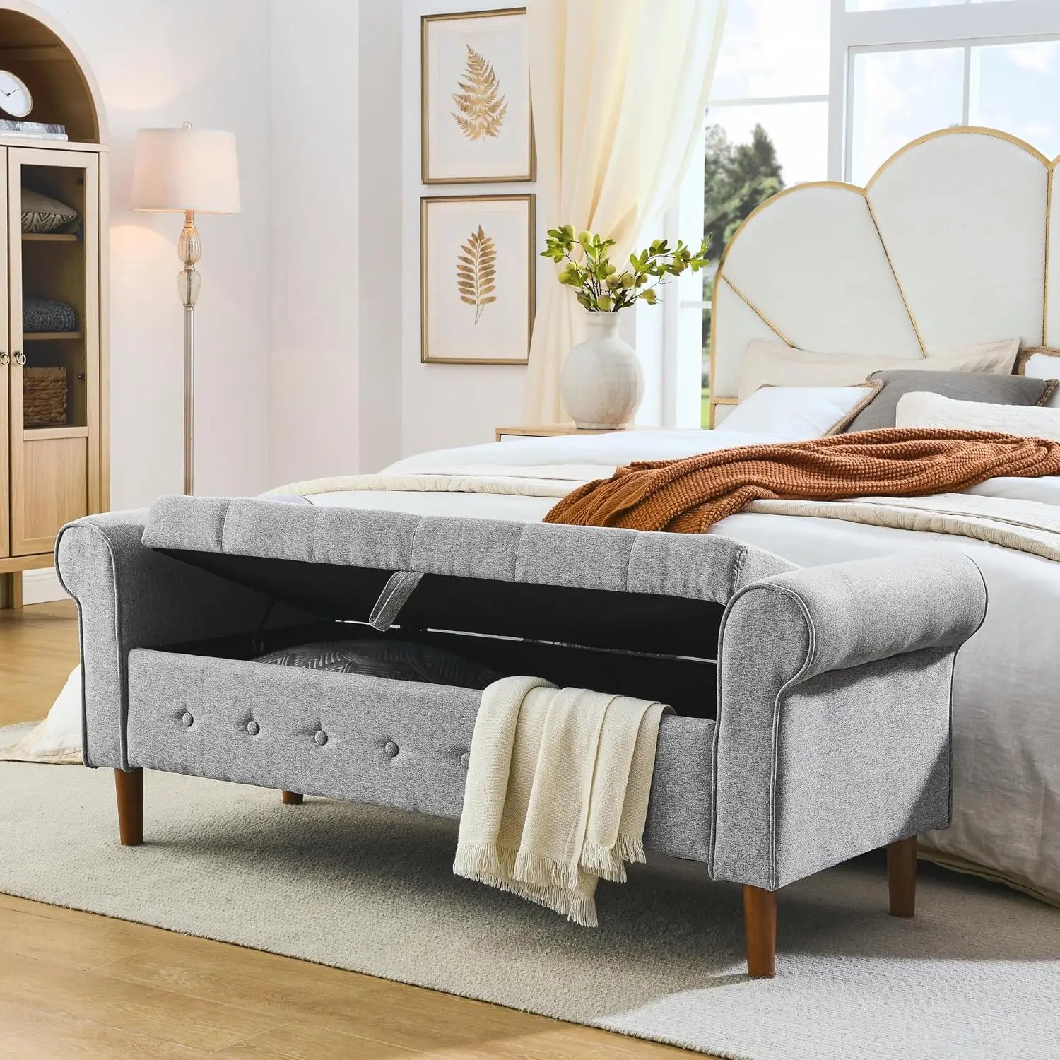 Polibi Button Tufted Storage Bench, Fabric Upholstered Bed Bench with Rolled Armed Button Tufted Design, Long Bench