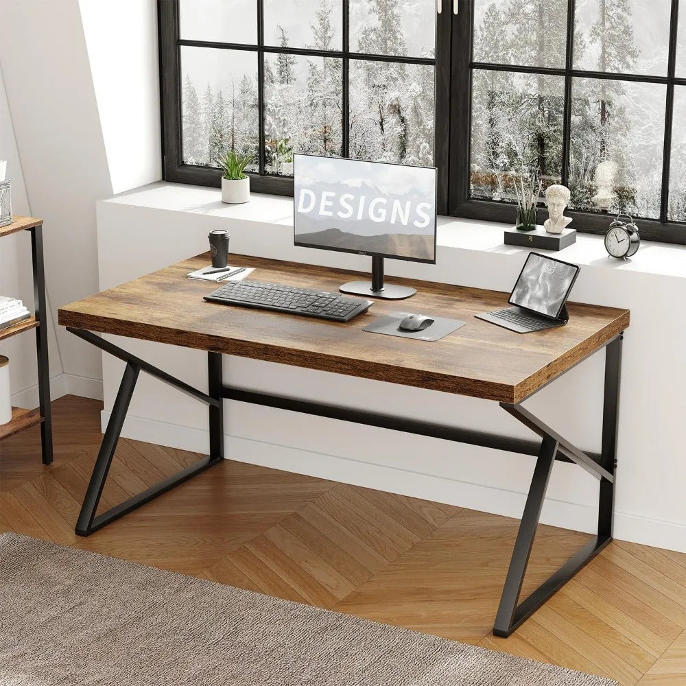 Rustic Brown Desk, Industrial Home Office Computer Desk, Farmhouse Metal and Wood Desk Computer Table, Simple Bedroom Laptop PC