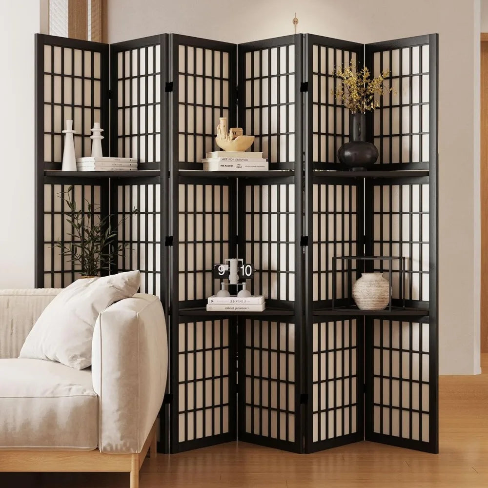 Room Divider with Shelves, 66.9-Inch Tall Japanese Shoji Style Wood Screen with Double Hinges for Home Office Bedroom Hotel