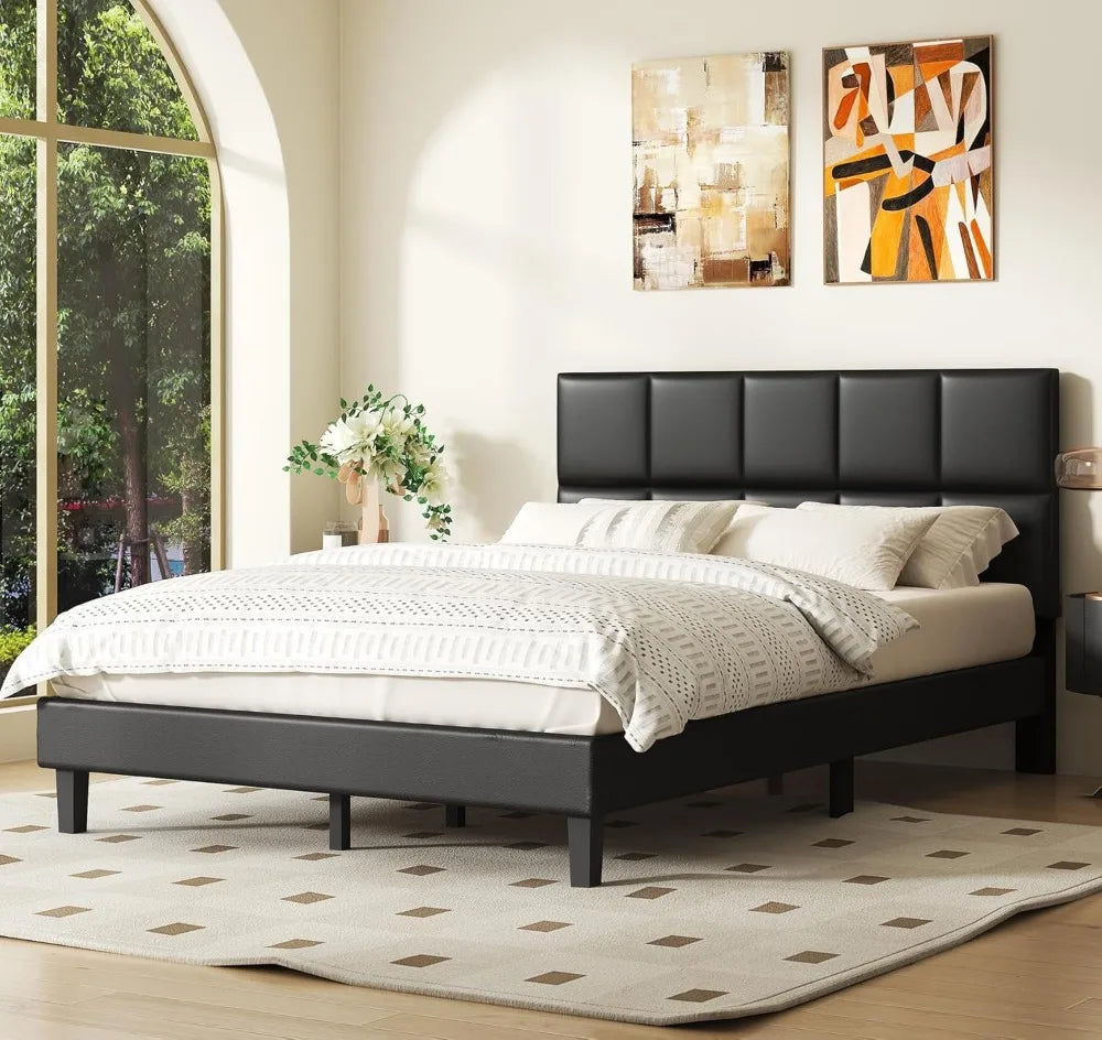 Full Bed Frame with Headboard, Leather Upholstered Bedframe with Tufted Headboard Design, Easy Assembly, No Box Spring Needed