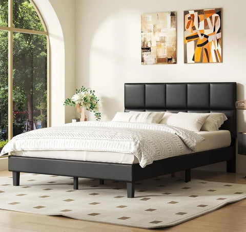 Full Bed Frame with Headboard, Leather Upholstered Bedframe with Tufted Headboard Design, Easy Assembly, No Box Spring Needed
