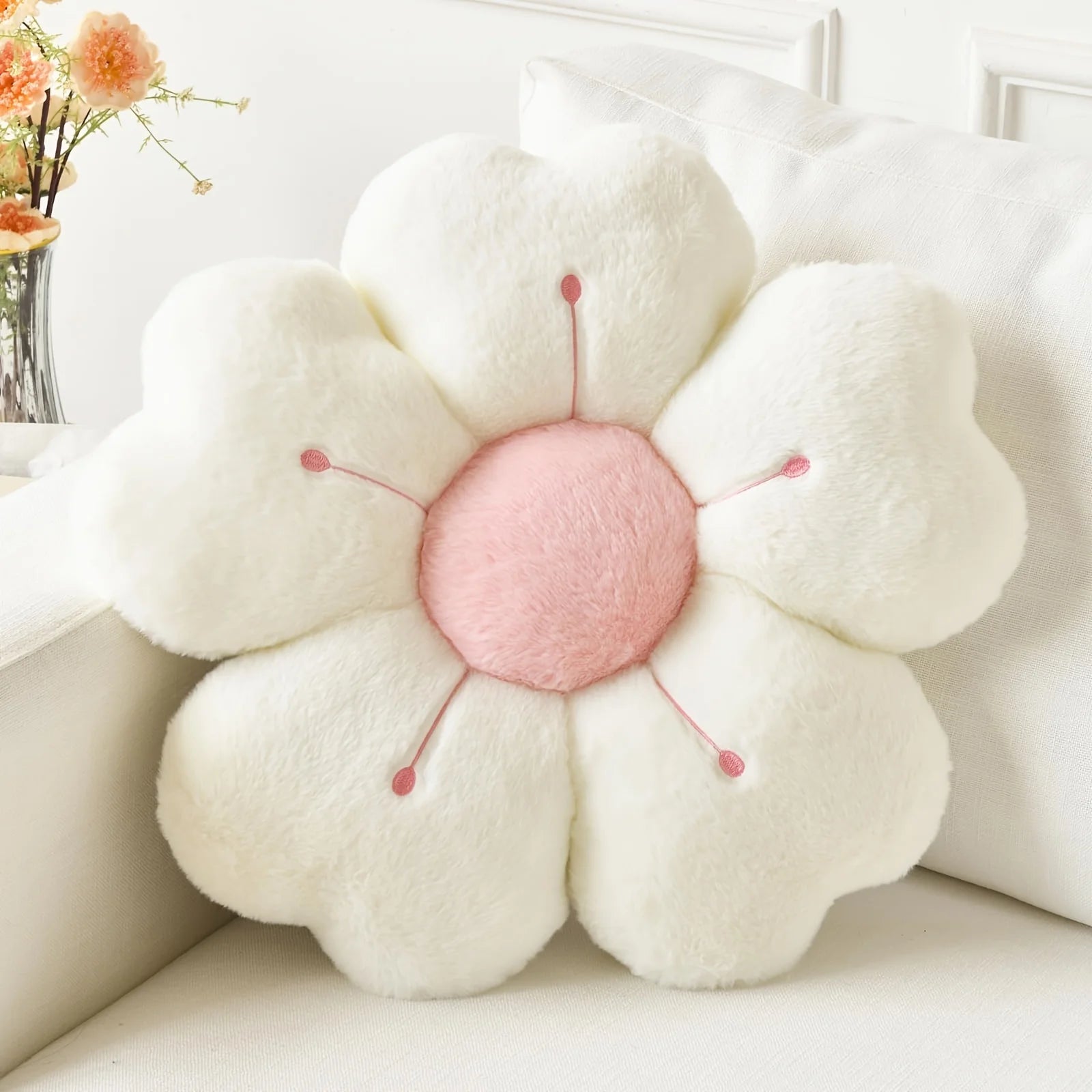 Soft Plush Daisy Flower Throw Pillow - Cozy Decorative Cushion for Bed & Sofa, White/Pink, Adorable Floral Desig