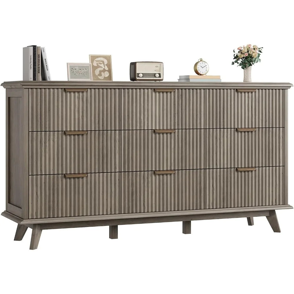 Fluted 9 Drawers Dresser, 59.1" Wide Modern Chest of Drawers with Metal Handle, Large Dresser TV Stand, Wood Drawer Organizer fo